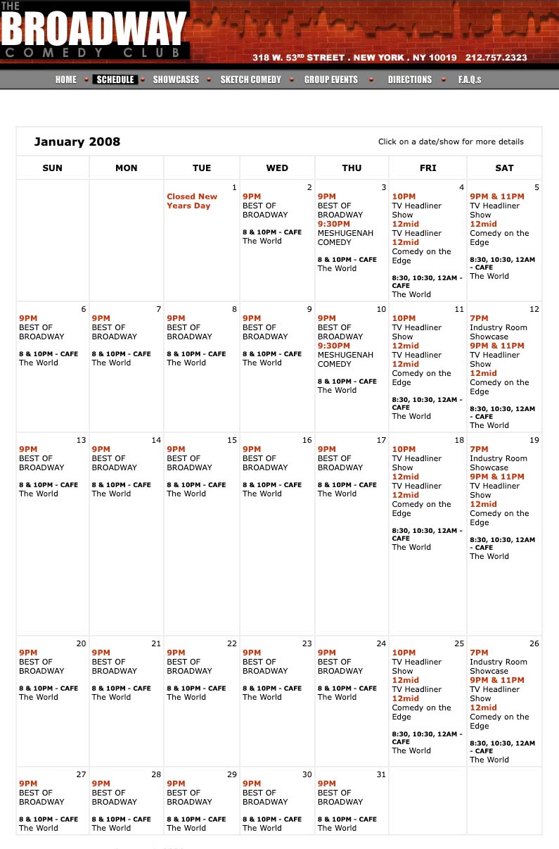 Broadway Comedy Club schedule calendar