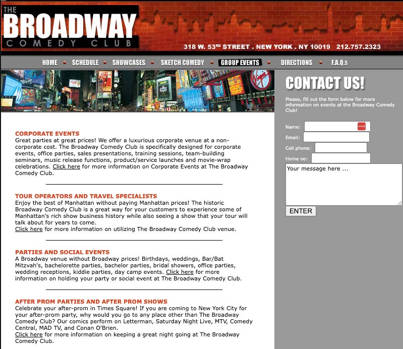 Broadway Comedy Club group events page